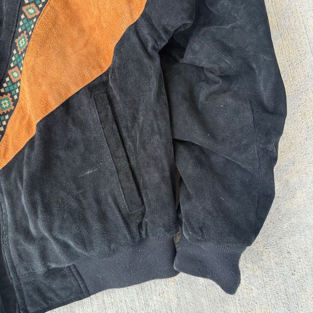 Vintage Cripple Creek Suede Aztec Western Bomber Jacket Black Tan Men's Large - Picture 4 of 9